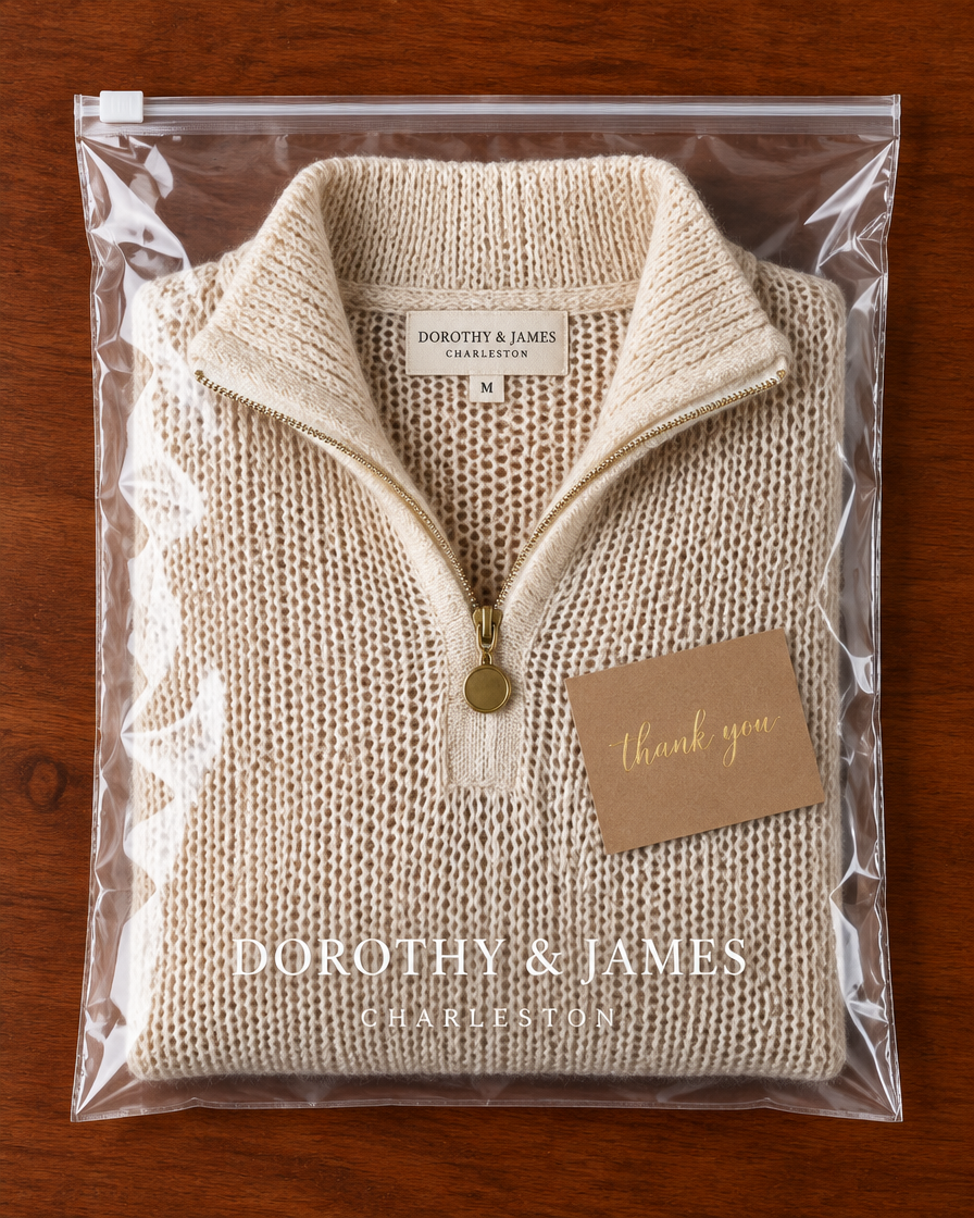 Beige half-zip knit sweater folded in Dorothy & James Charleston packaging with thank you card