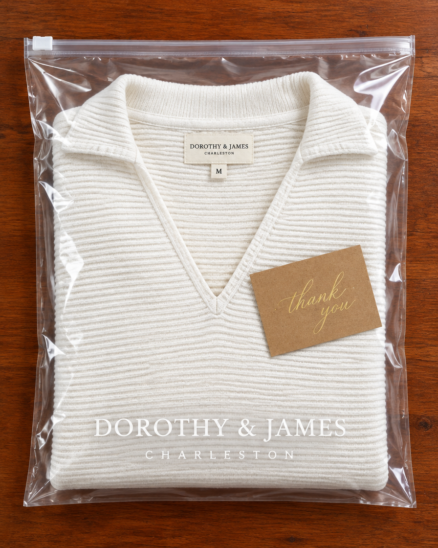 White V-neck sweater folded in Dorothy & James Charleston packaging with thank you card