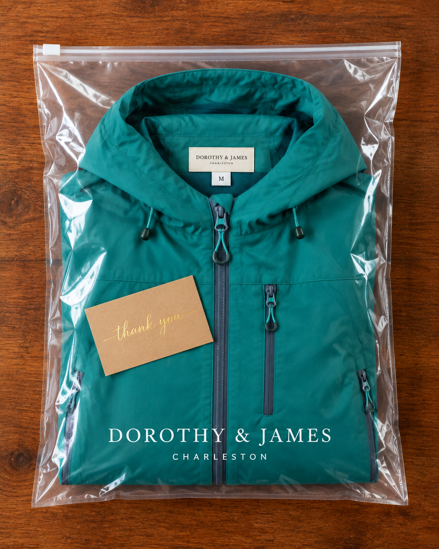Hooded utility jacket folded in Dorothy & James Charleston packaging with thank you card
