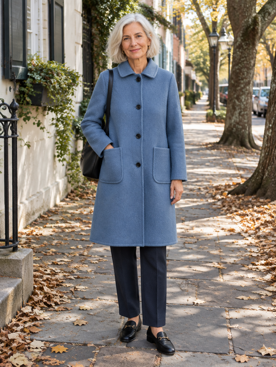 Woman wearing the Elio Wool Coat in hazel blue on an autumn Charleston street