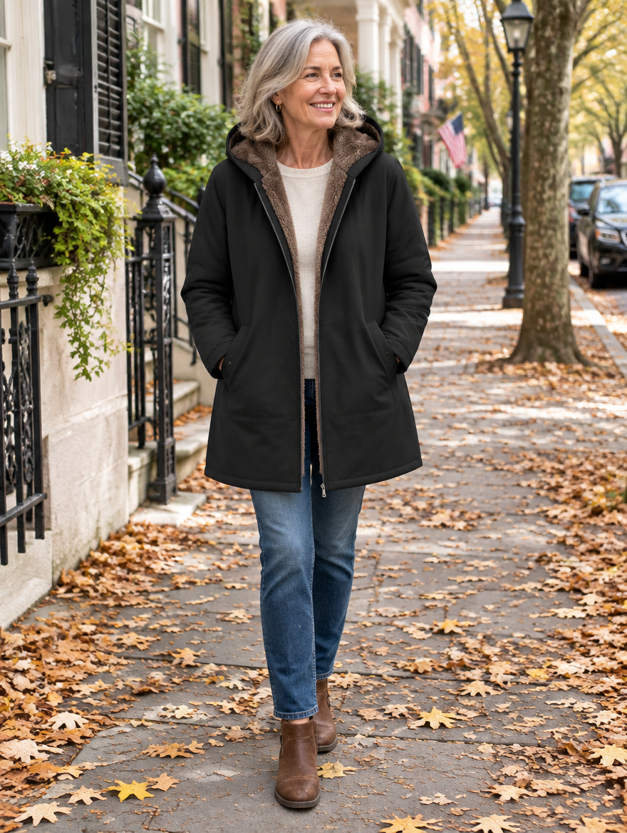 Woman wearing the black Evelyn Sherpa-Lined Hooded Coat on an autumn Charleston street