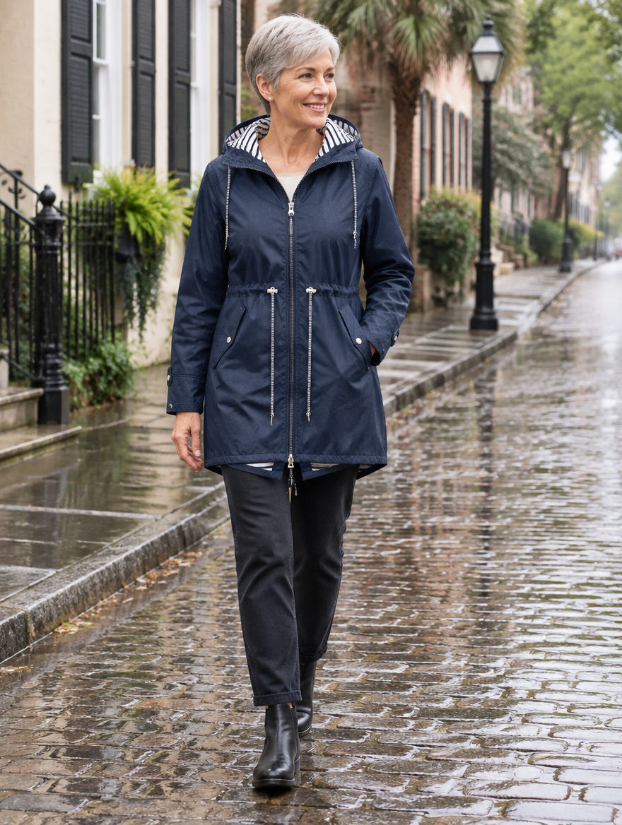 Woman wearing the navy Waterproof Rain Jacket on a rainy Charleston street