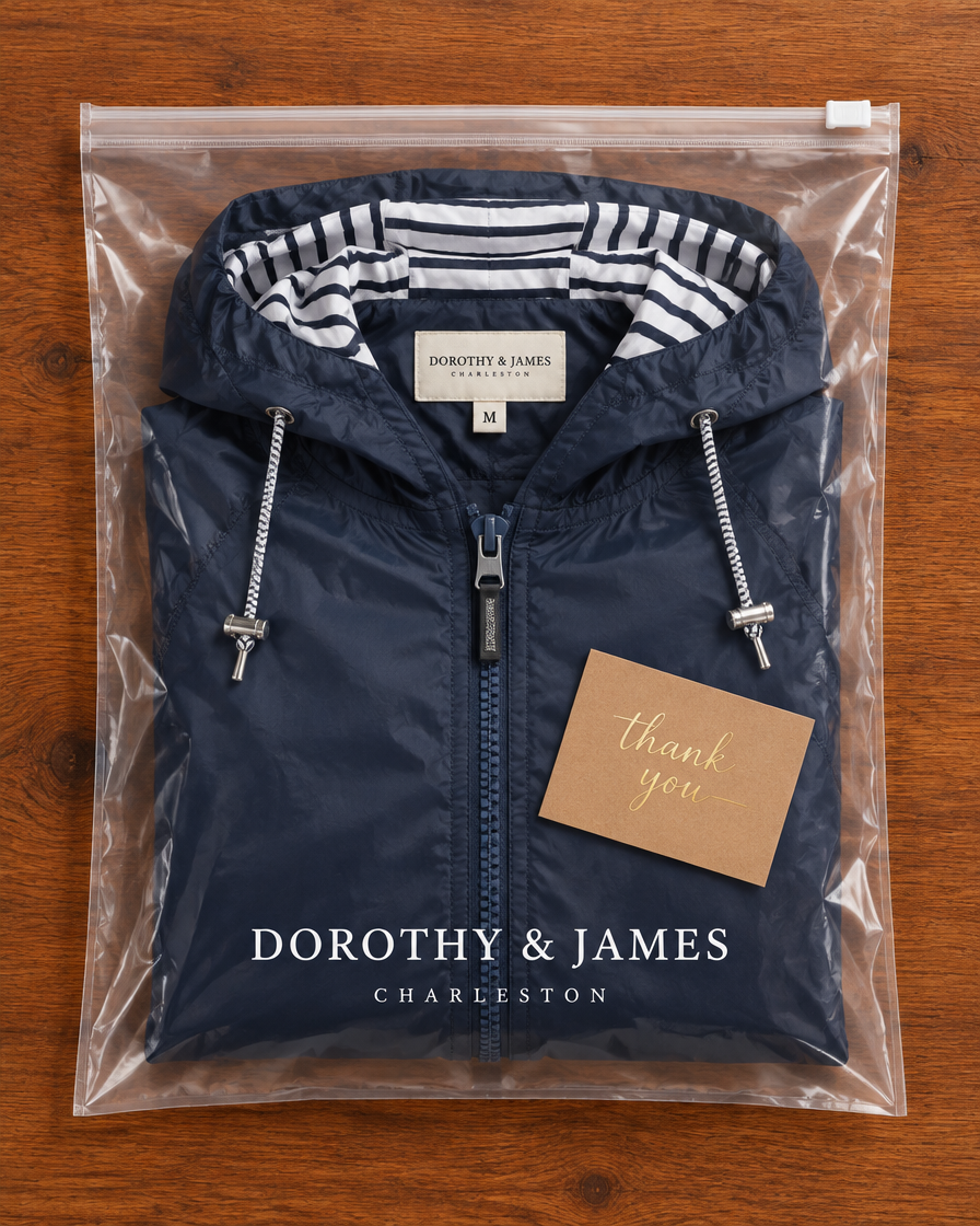 Waterproof Rain Jacket folded in Dorothy & James Charleston packaging with thank you card