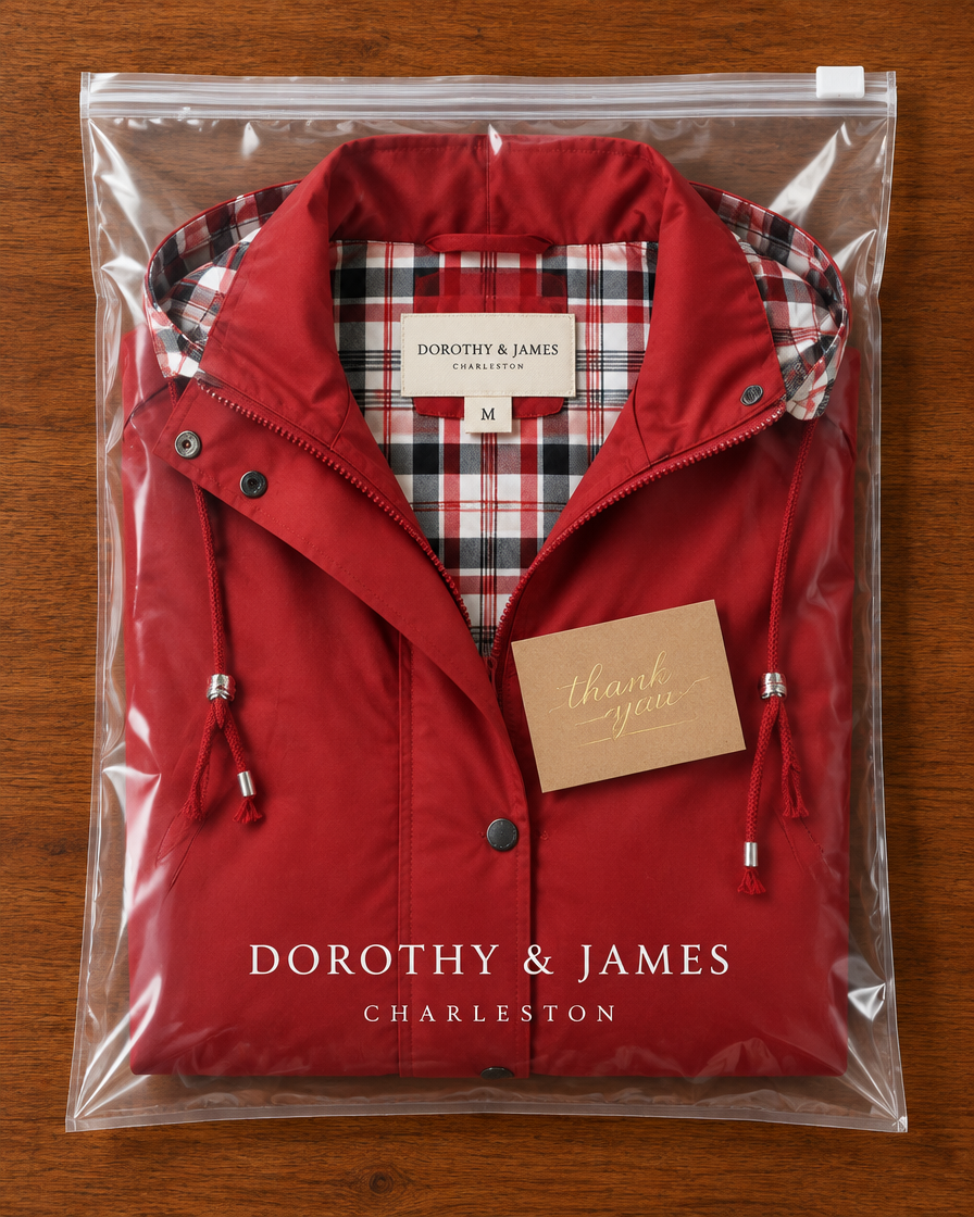 Carlotta 3-in-1 Raincoat folded in Dorothy & James Charleston packaging with thank you card