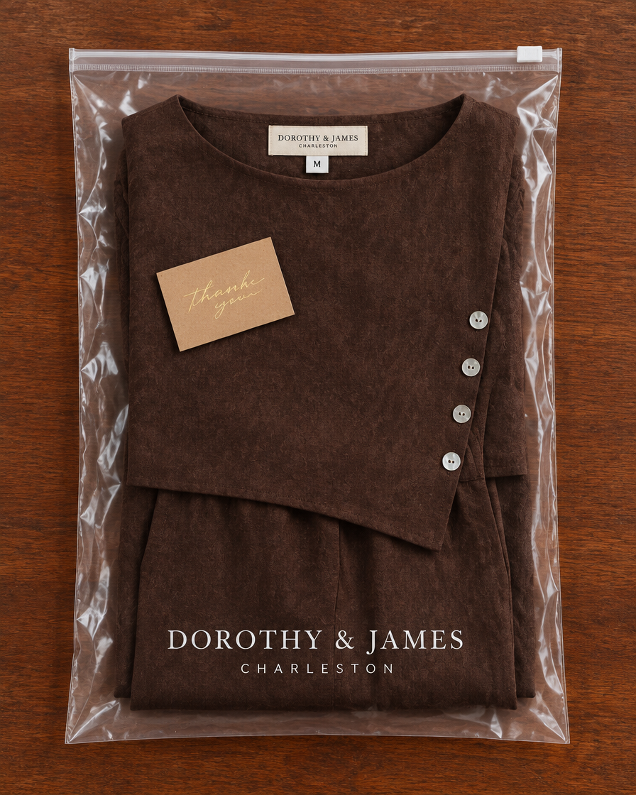 Asymmetric Hem Wide-Leg Set folded in Dorothy & James Charleston packaging with thank you card