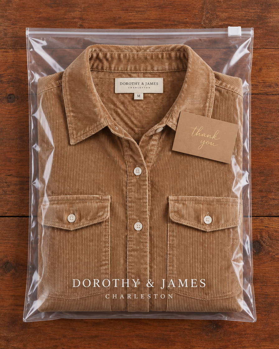 Clara Corduroy Shirt Dress folded in Dorothy & James Charleston packaging with thank you card