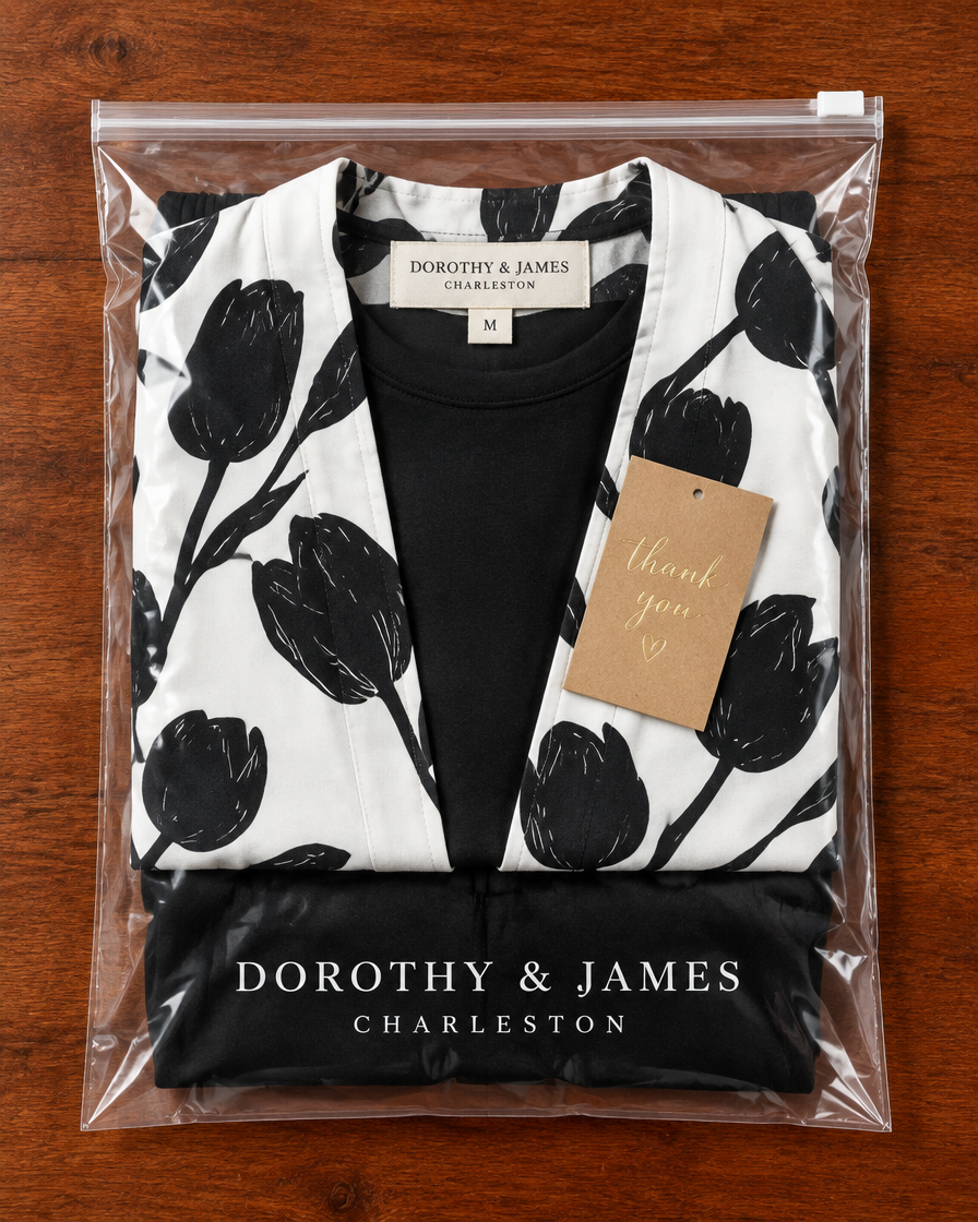 Adelaide Three-Piece Set folded in Dorothy & James Charleston packaging with thank you card
