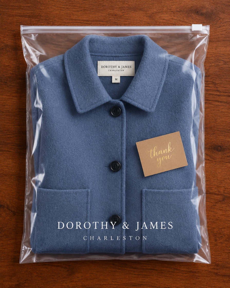 Elio Wool Coat folded in Dorothy & James Charleston packaging with thank you card