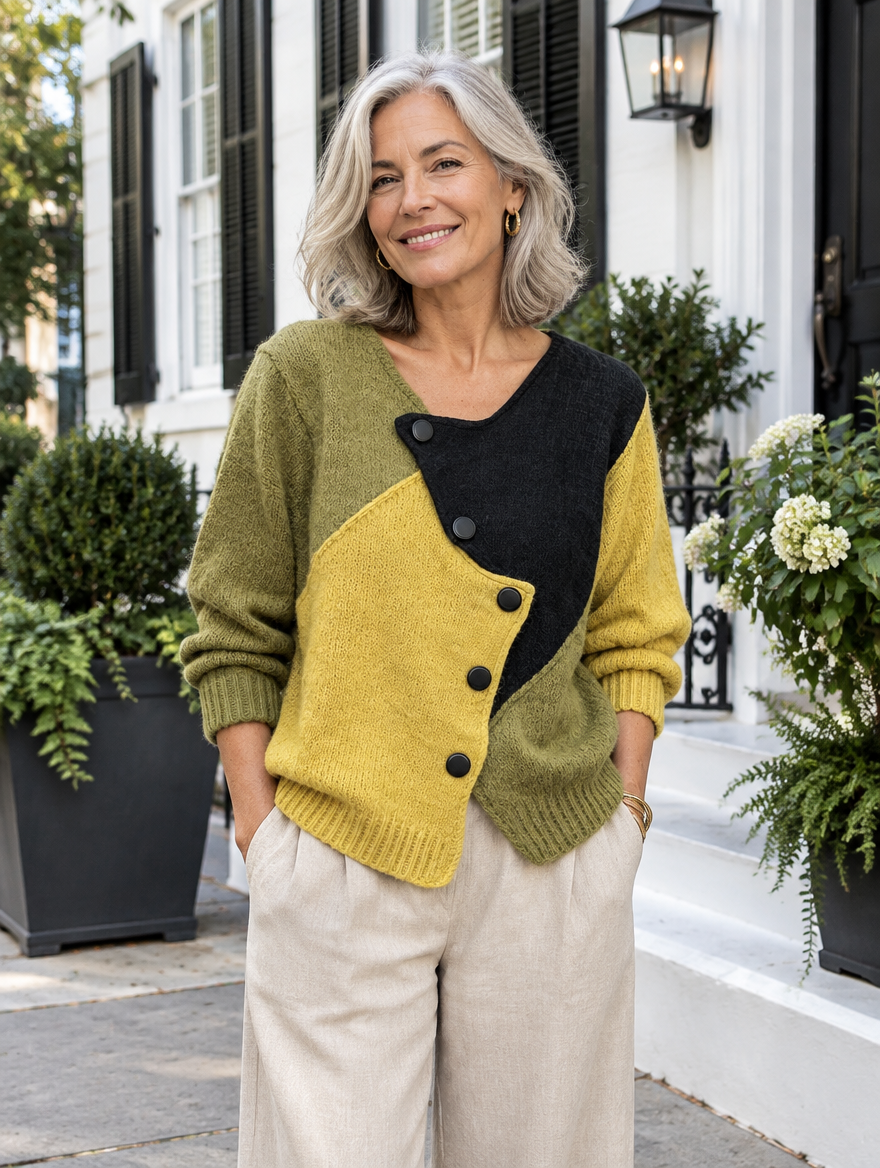 Woman in her 60s wearing the Weston color-block knit sweater in olive, mustard and black