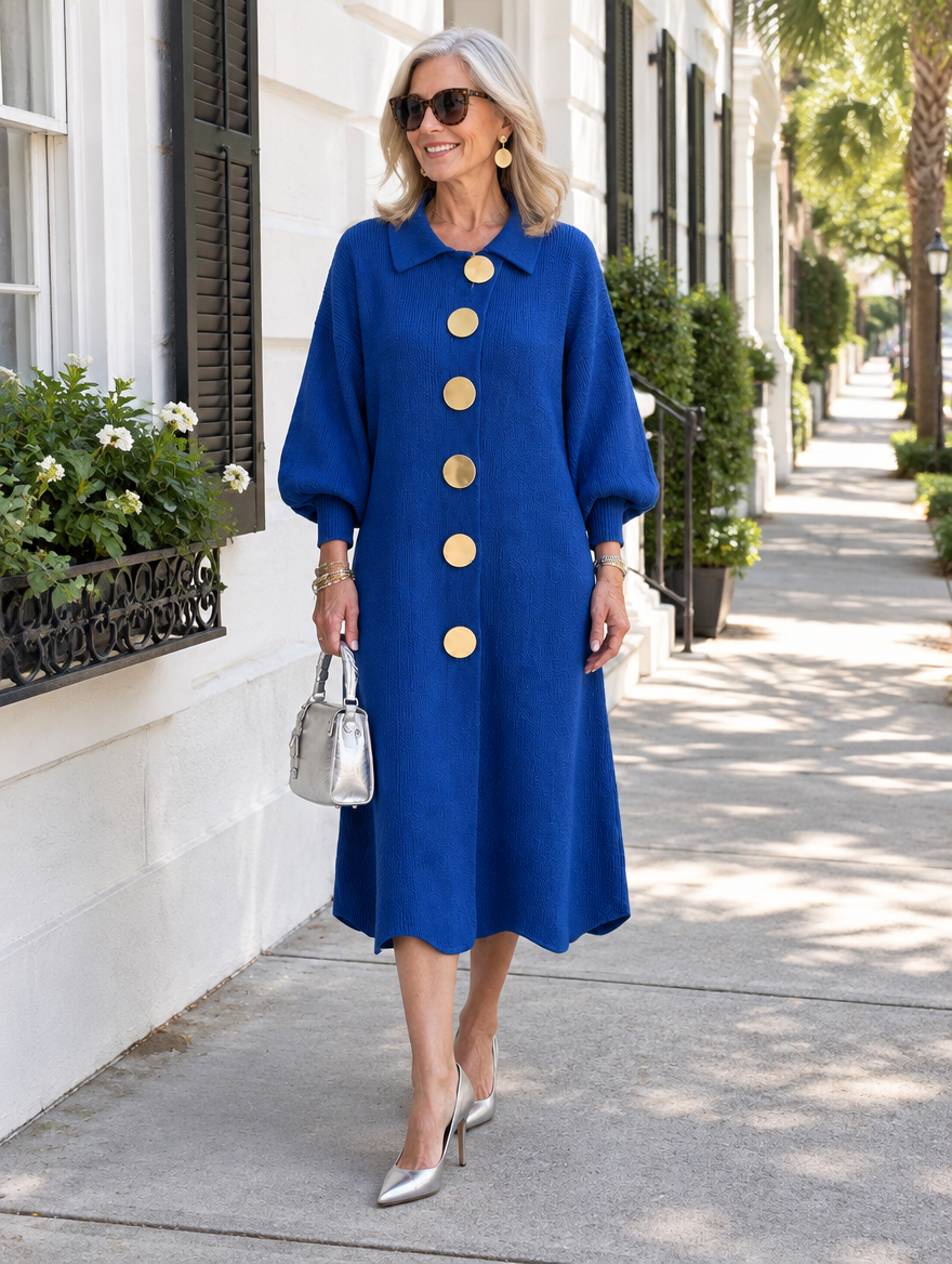 Woman in her 60s wearing the Evelyn cobalt blue button knit dress on a Charleston sidewalk