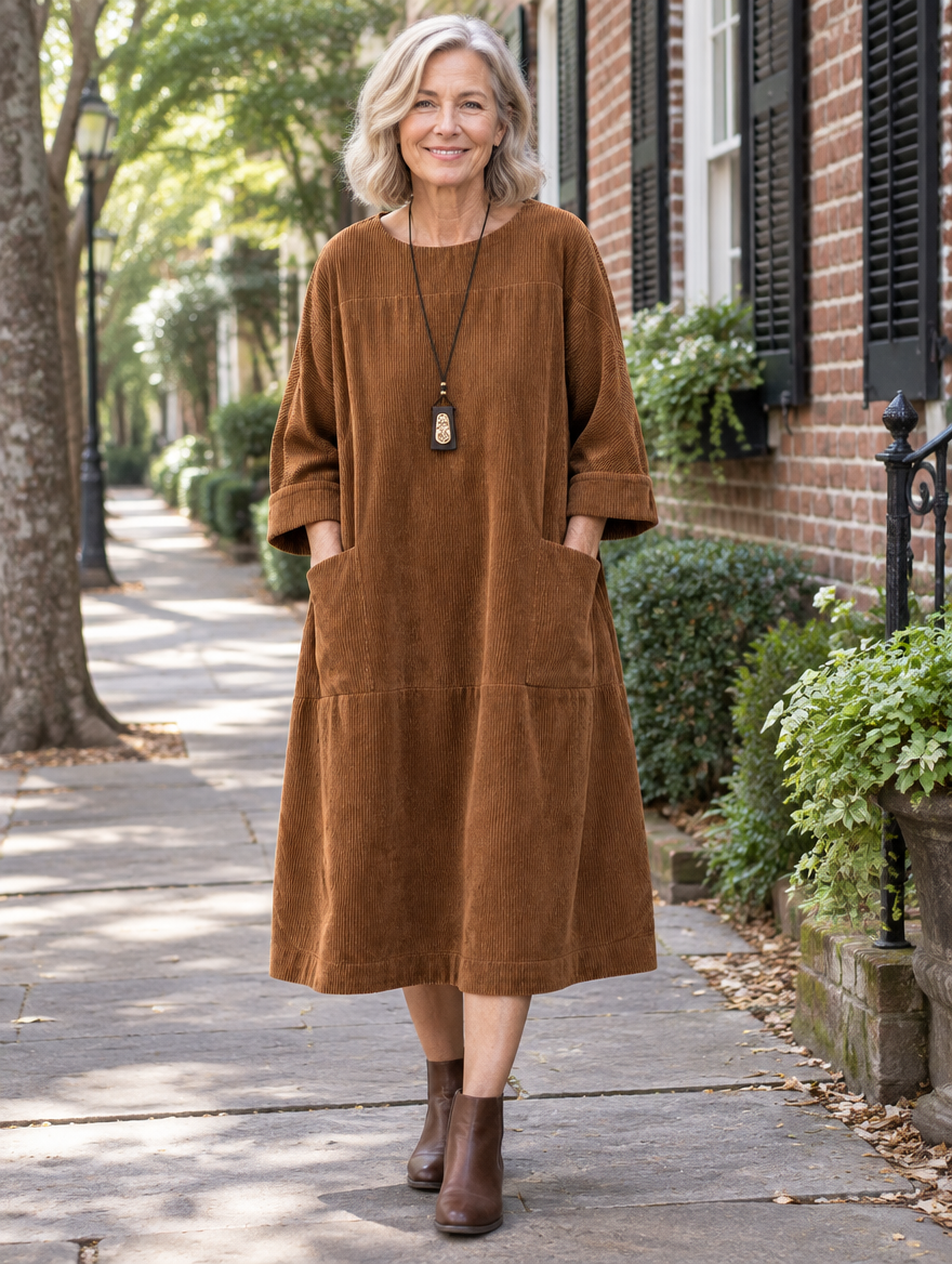 Woman in her 60s wearing the Amy relaxed rust corduroy midi dress on a Charleston sidewalk