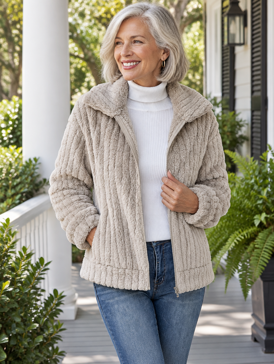 Woman in her 60s wearing the Roberta beige plush zip-up jacket over a white turtleneck