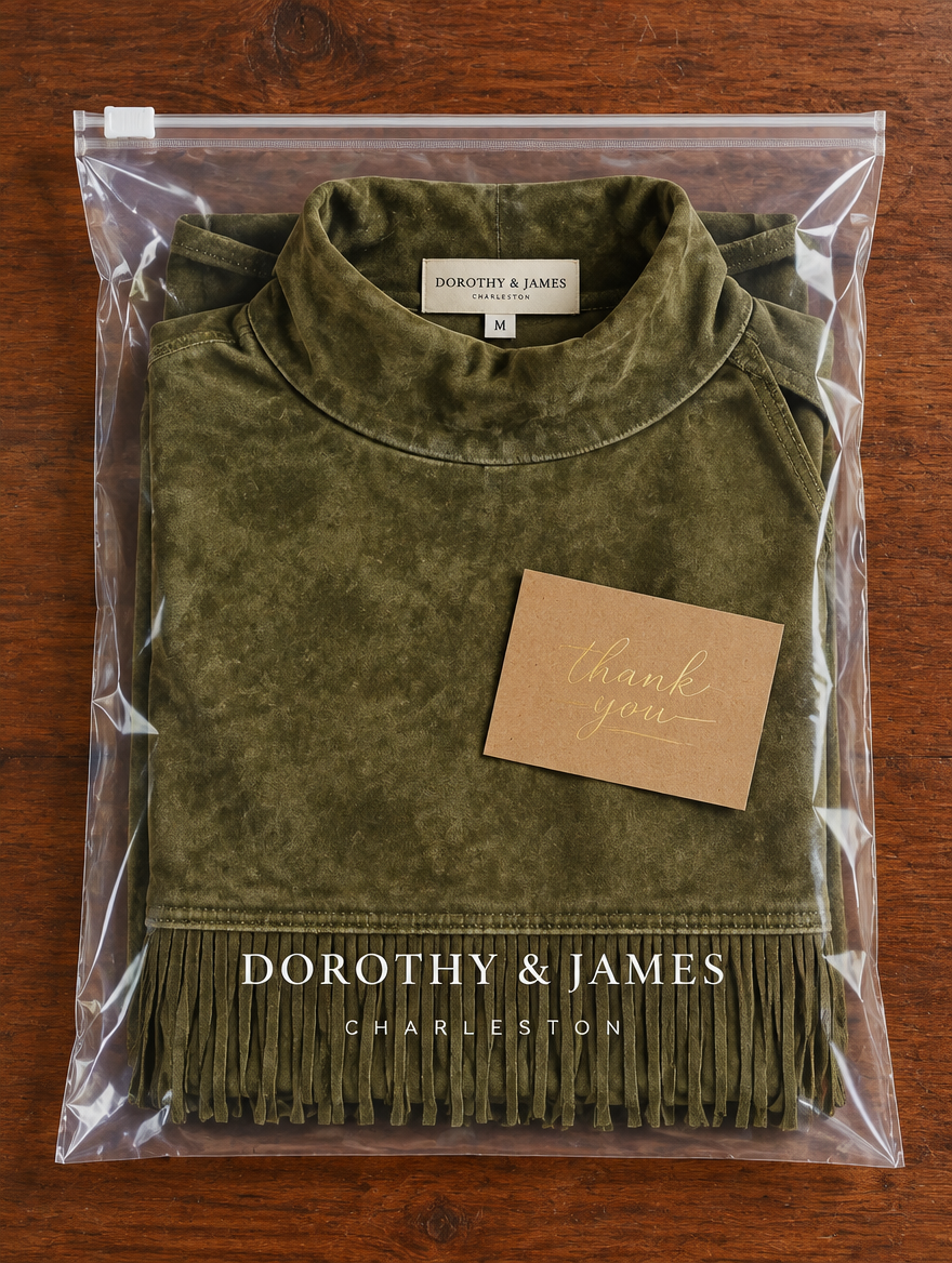Gabriela suede fringe dress folded in Dorothy & James Charleston packaging with thank-you card