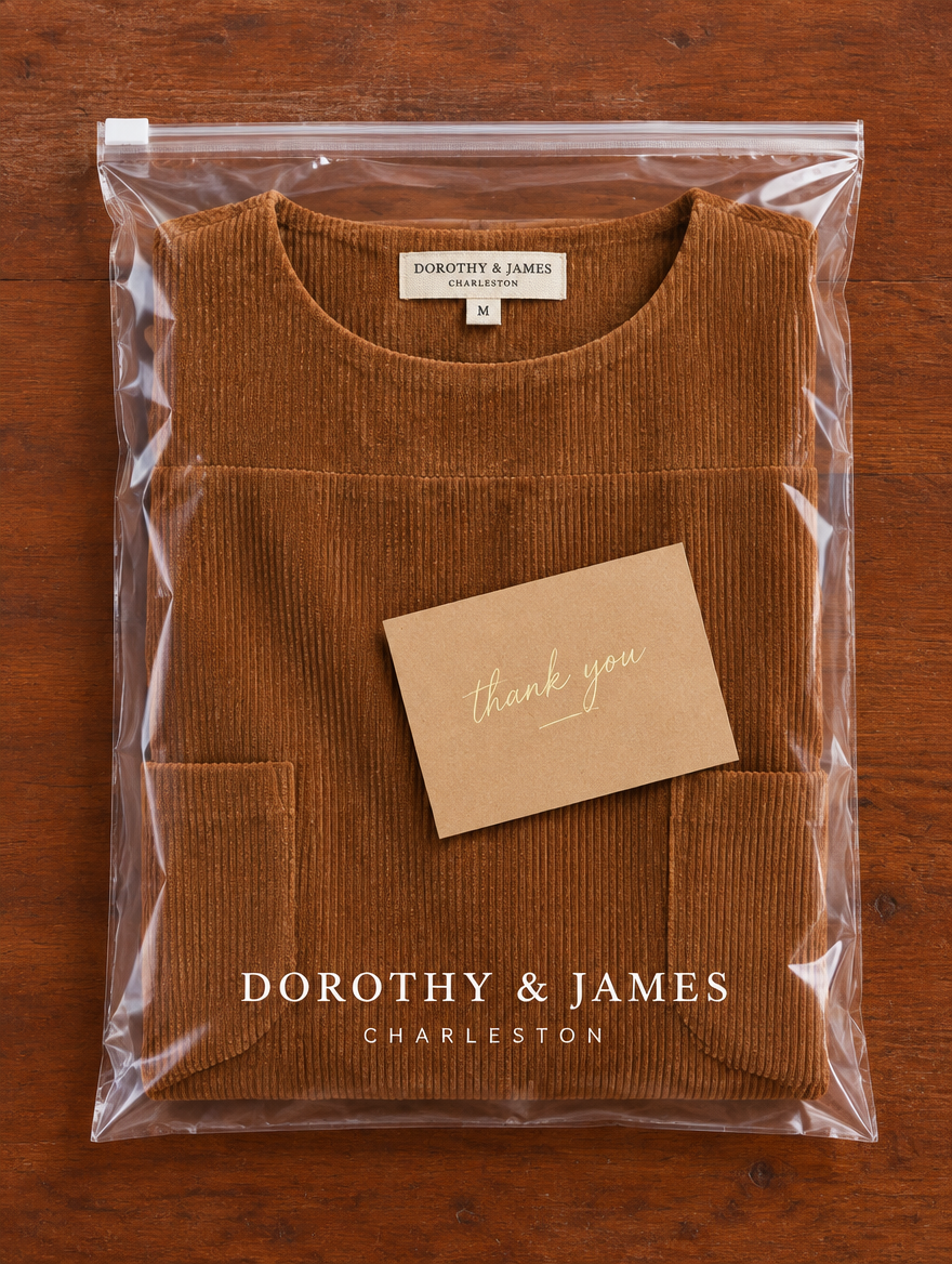 Amy corduroy midi dress folded in Dorothy & James Charleston packaging with thank-you card