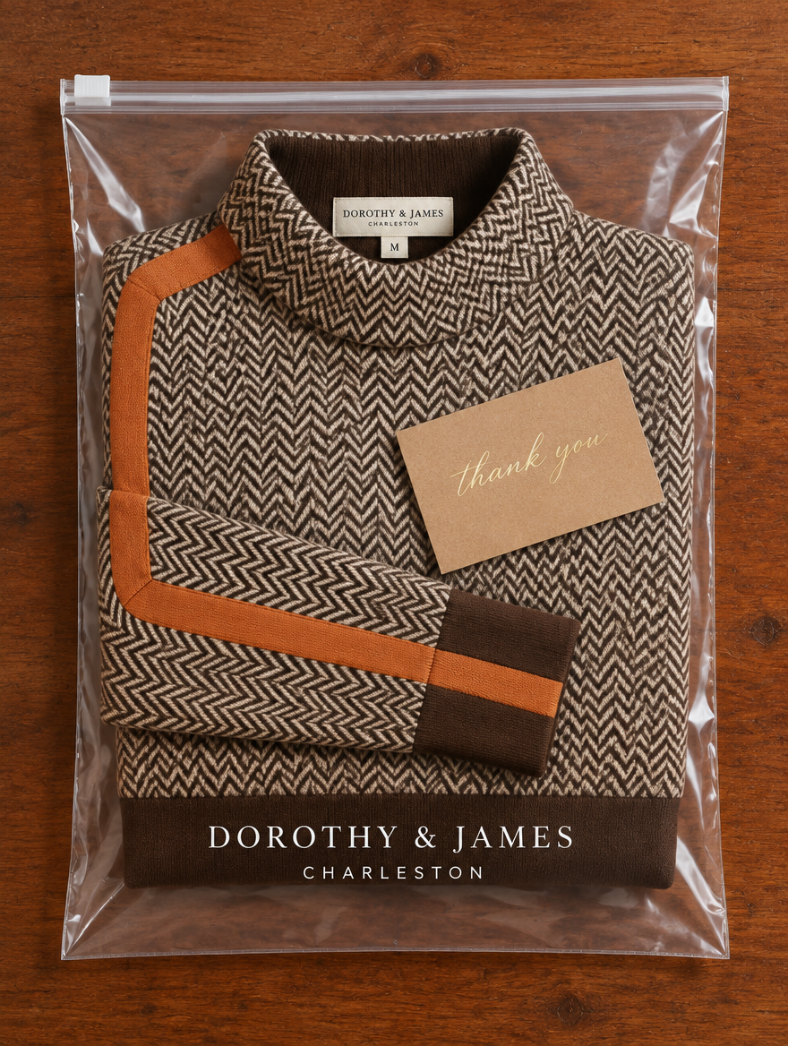 Martina high-collar pullover folded in Dorothy & James Charleston packaging with thank-you card