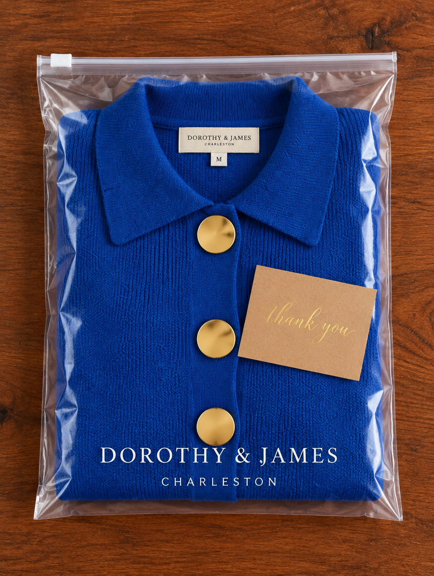 Evelyn blue button knit dress folded in Dorothy & James Charleston packaging with thank-you card