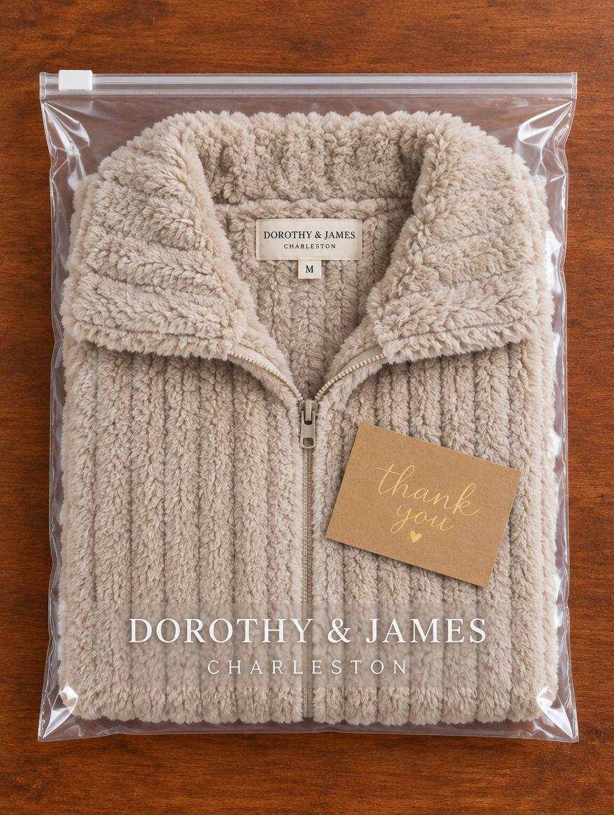 Roberta plush zip-up jacket folded in Dorothy & James Charleston packaging with thank-you card