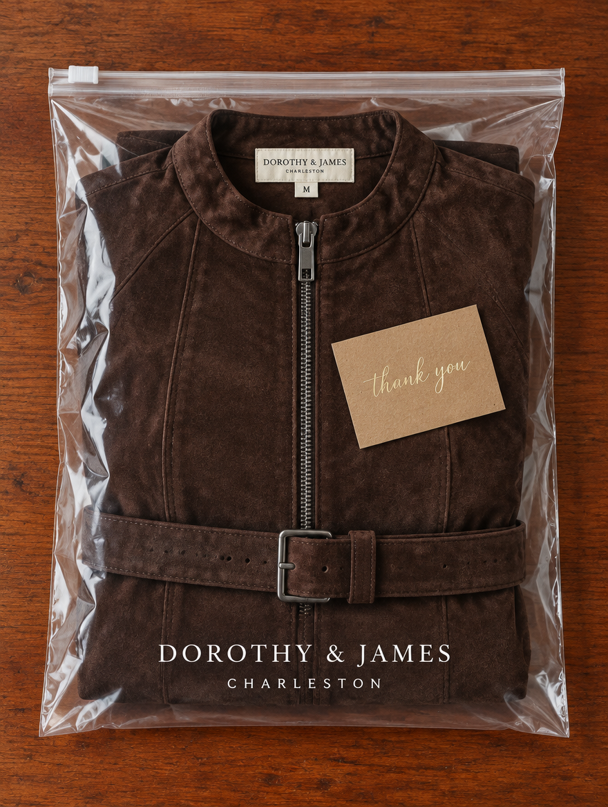 Marsella brown maxi dress with belt folded in Dorothy & James Charleston packaging