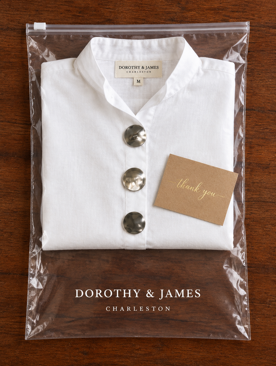 Peggy white statement button blouse folded in Dorothy & James Charleston packaging with thank-you card