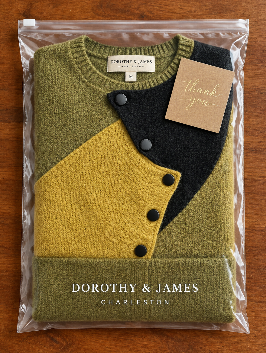 Weston color-block knit sweater folded in Dorothy & James Charleston packaging with thank-you card