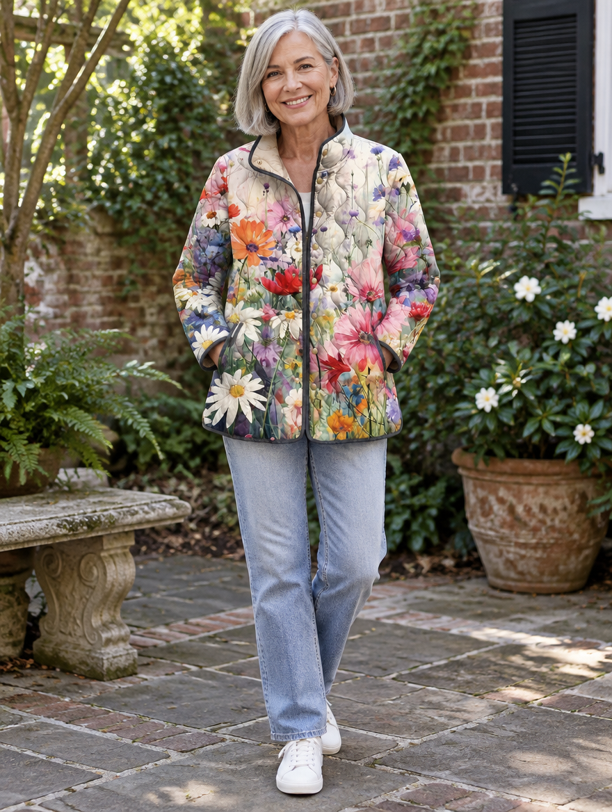 Woman in her 60s wearing the Kaia floral quilted jacket in a garden courtyard