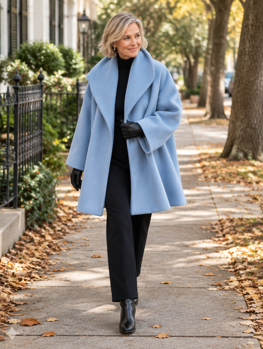 Woman in her 60s wearing the Helena powder blue wool coat on an autumn sidewalk