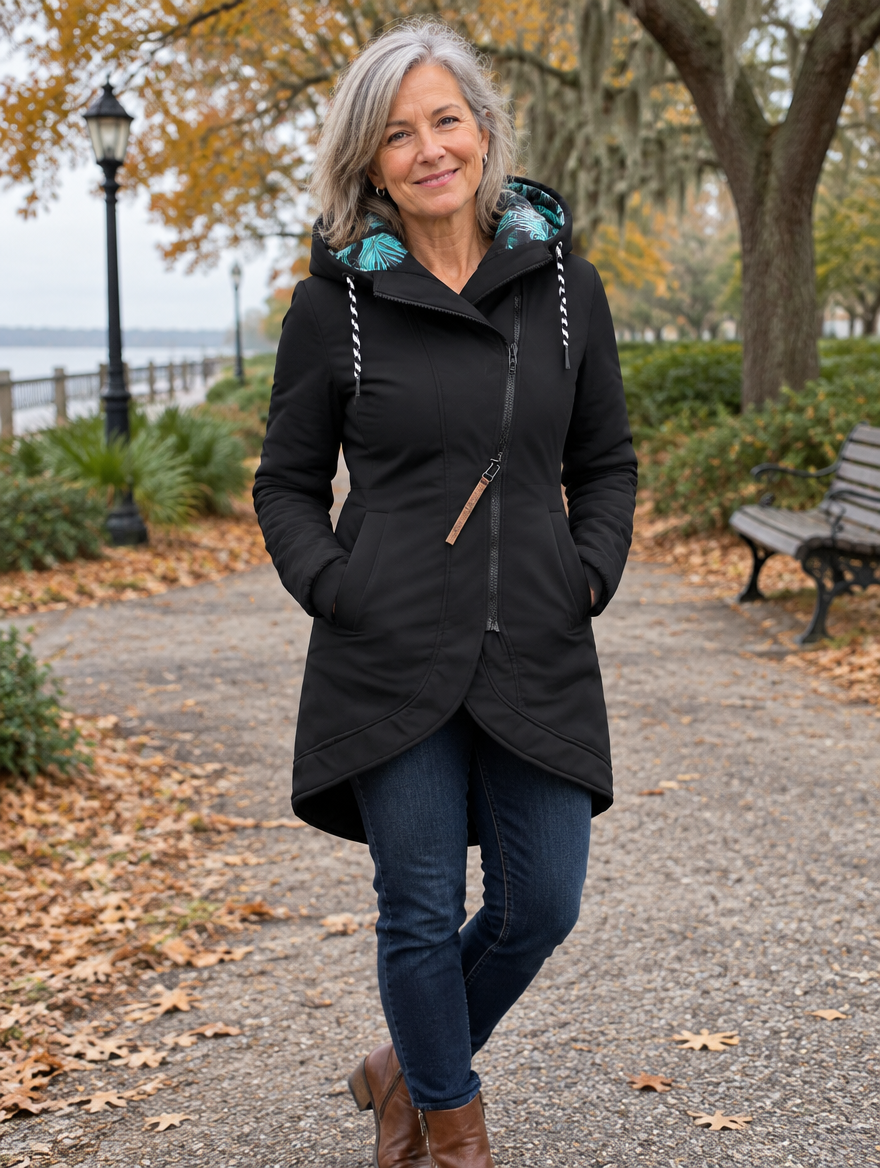 Woman in her 60s wearing the Katherina black hooded winter jacket in an autumn park
