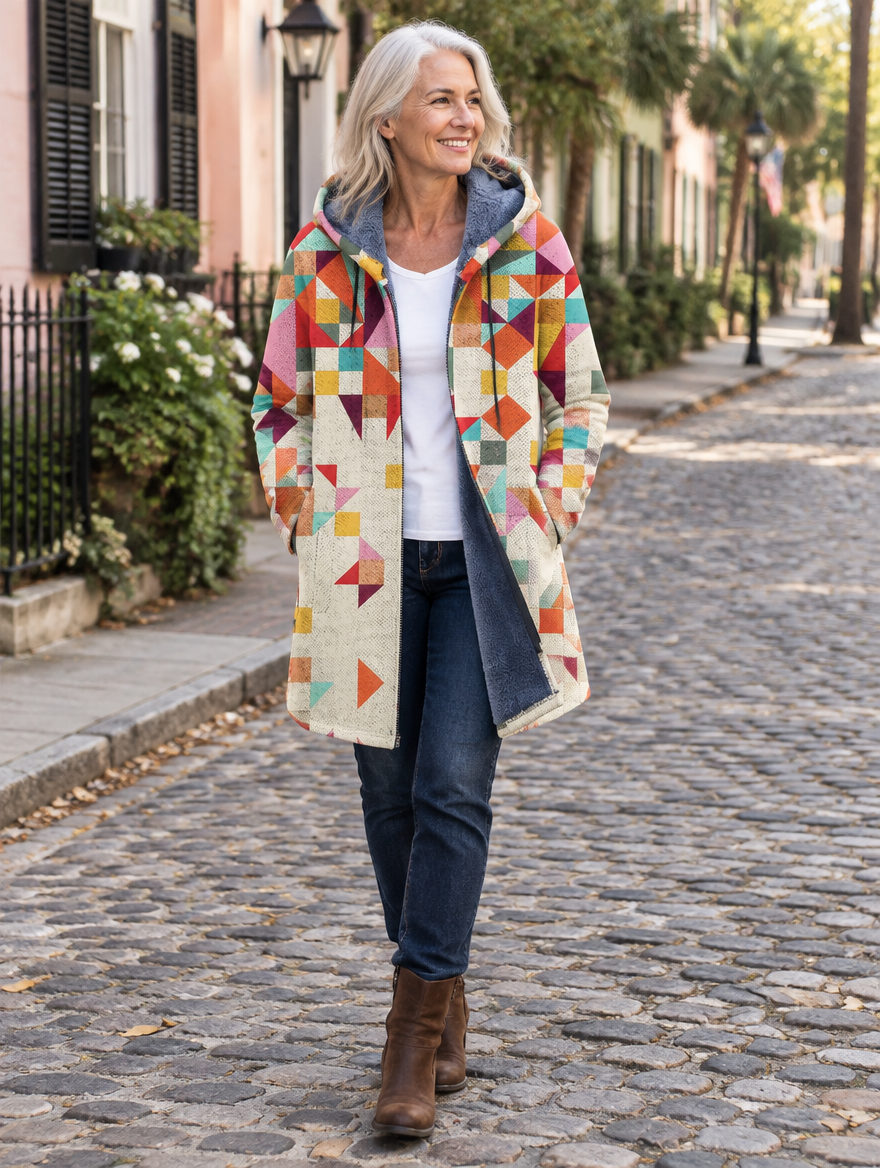 Woman in her 60s wearing the Cassandra patchwork hooded coat on a cobblestone street