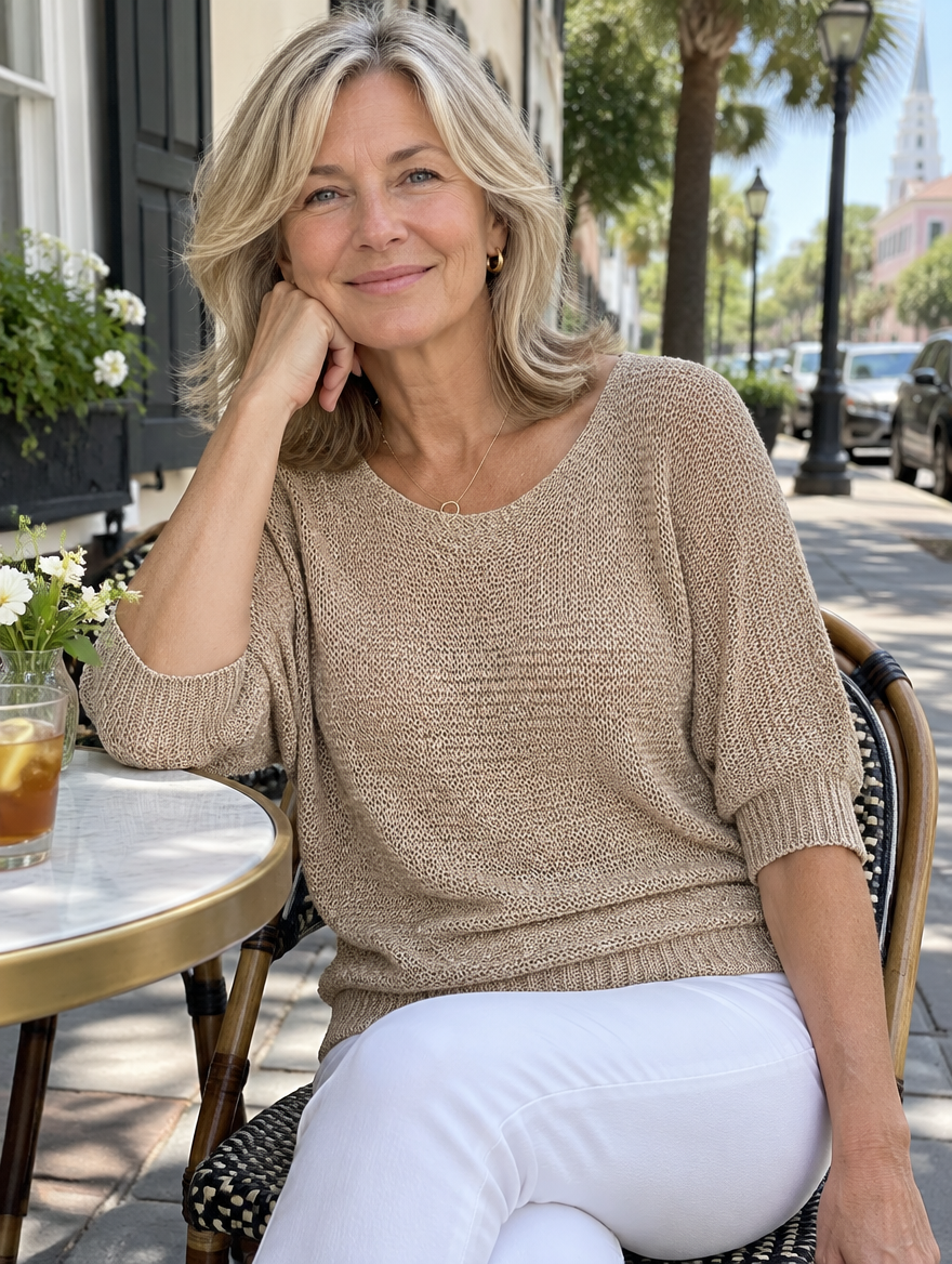 Woman in her 60s wearing the Korus Luxe sand knit top at a cafe