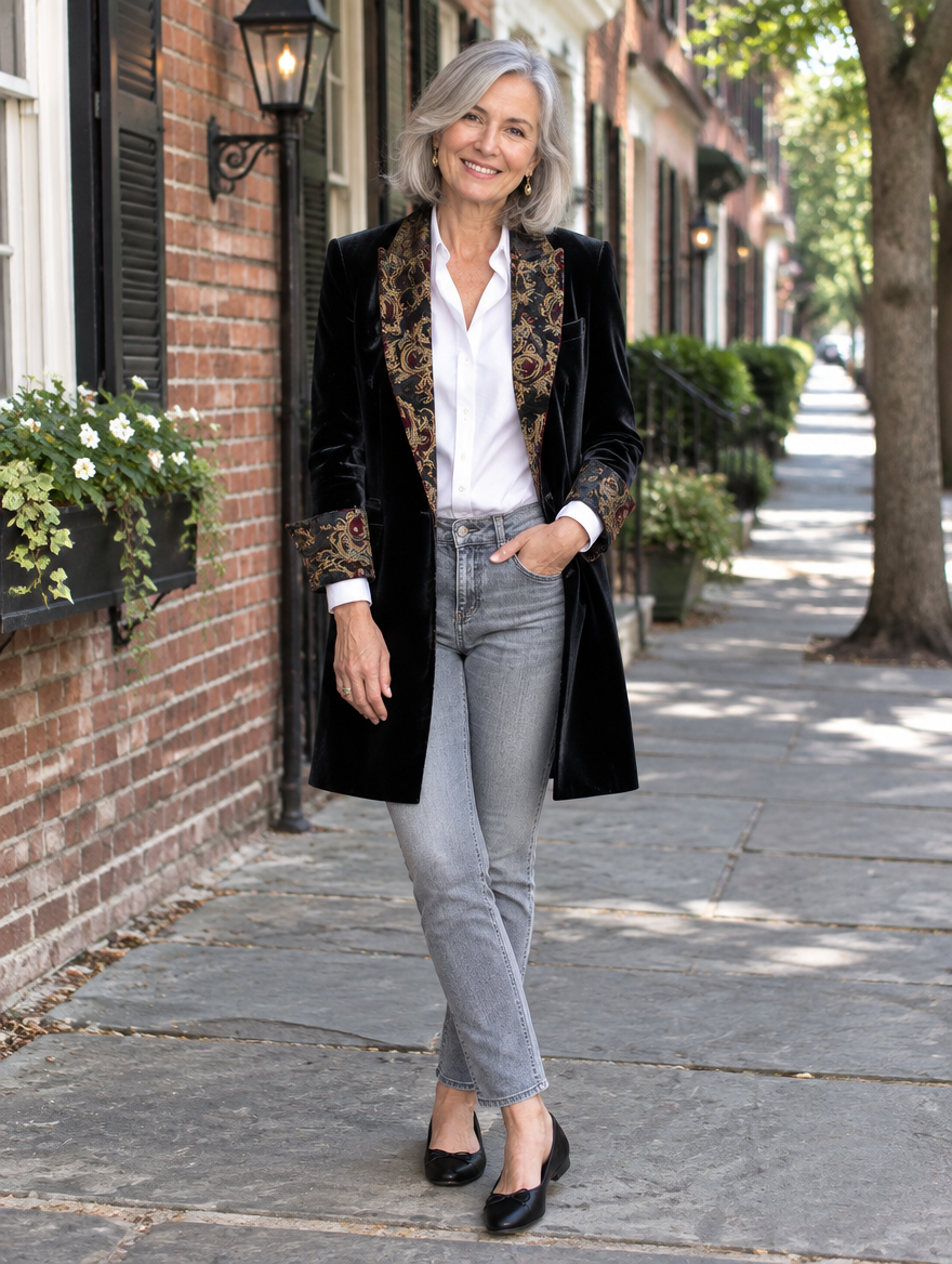 Woman in her 60s wearing the Clarissa long black blazer with brocade lapels in Charleston