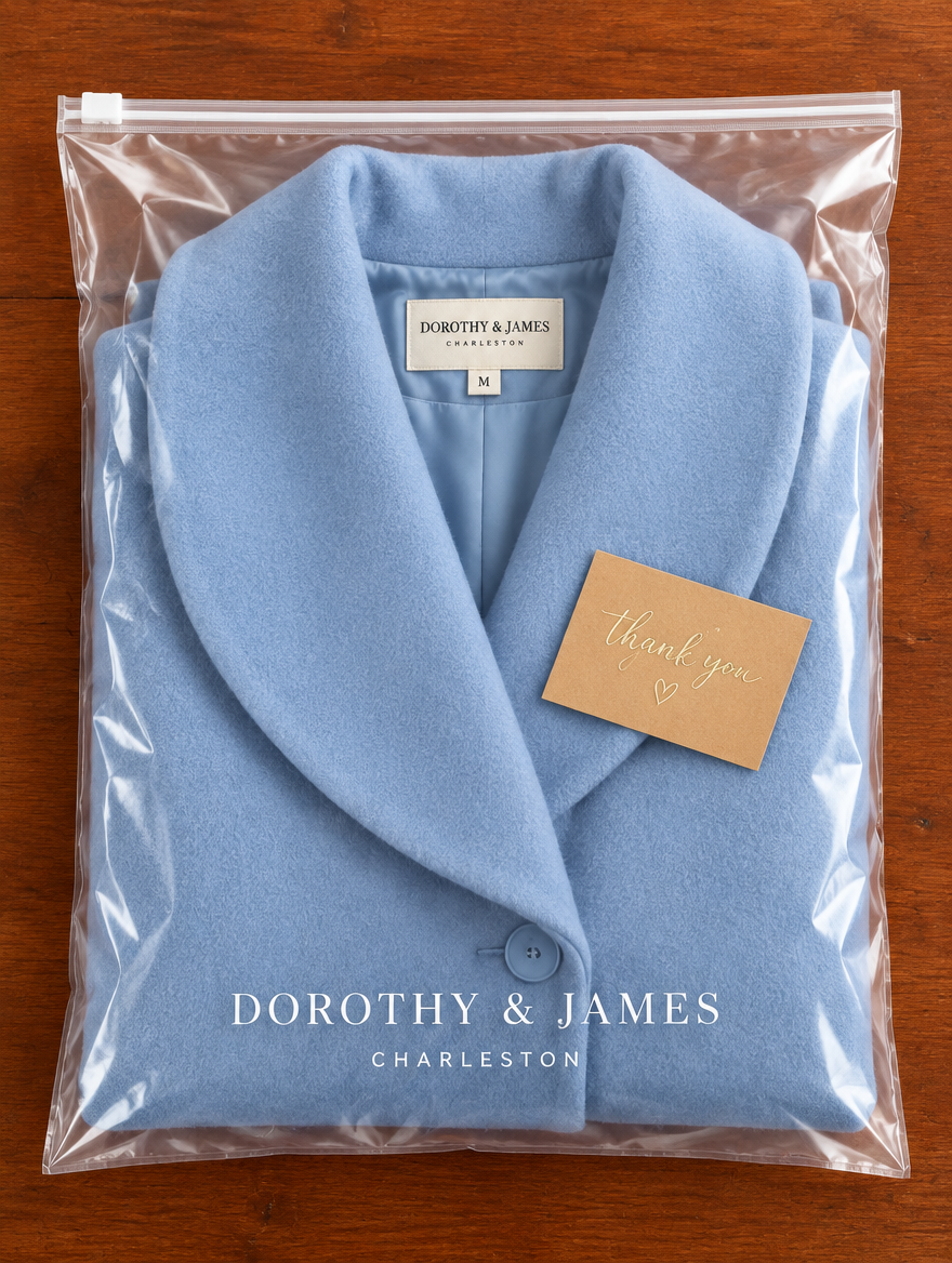 Helena wool coat folded in Dorothy & James Charleston packaging