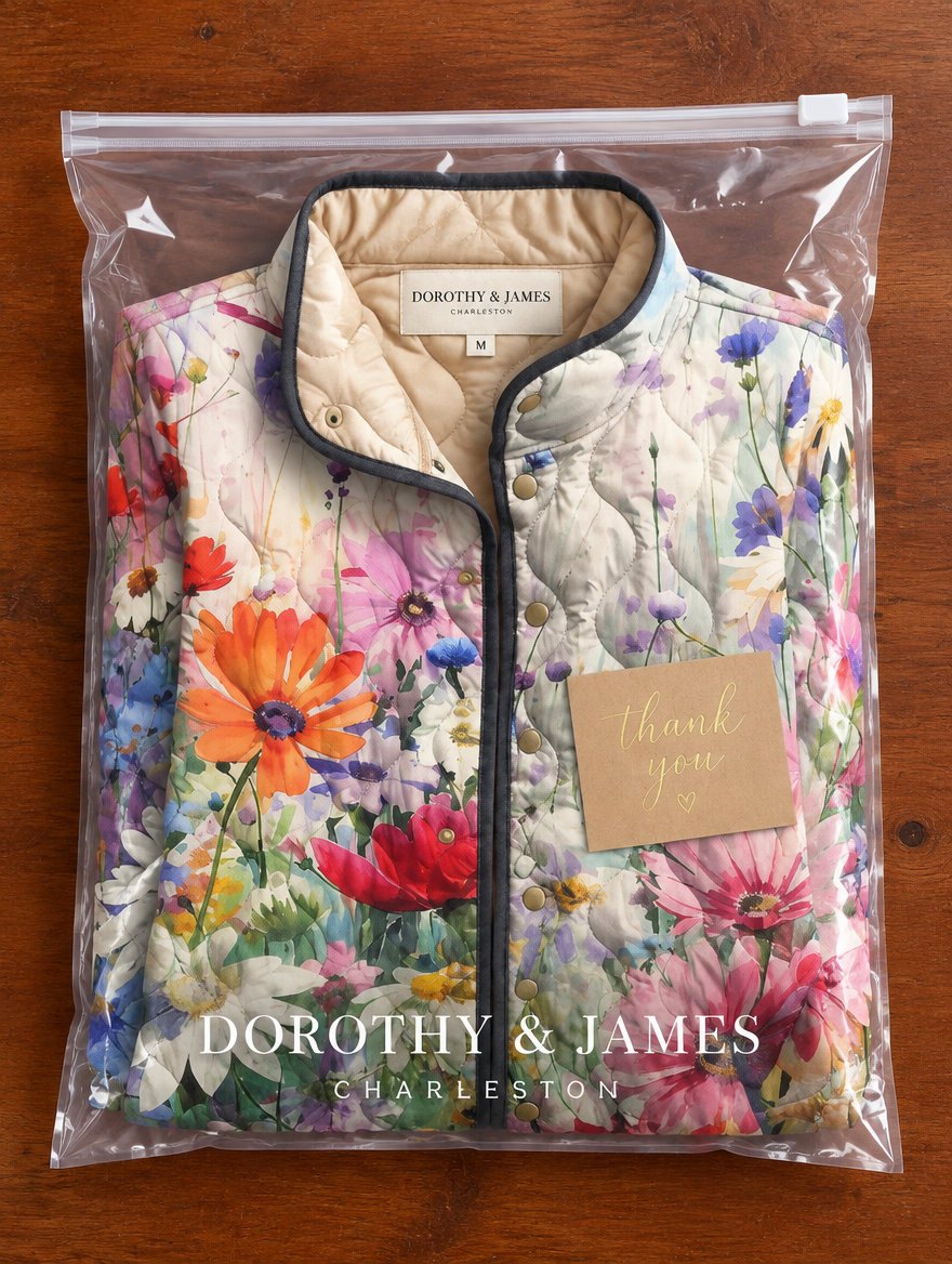 Kaia floral quilted jacket folded in Dorothy & James Charleston packaging