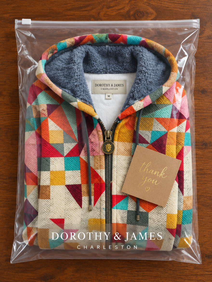 Cassandra patchwork coat folded in Dorothy & James Charleston packaging