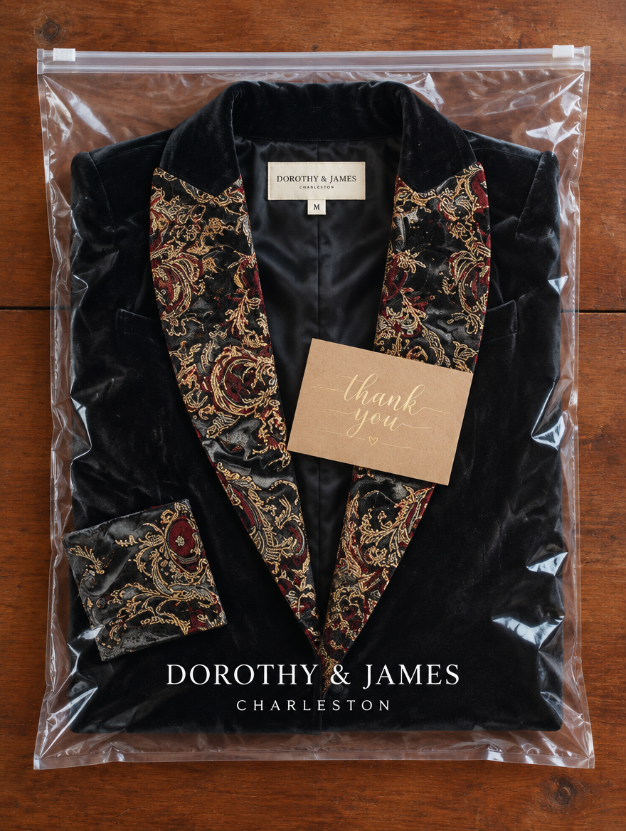 Clarissa long blazer folded in Dorothy & James Charleston packaging