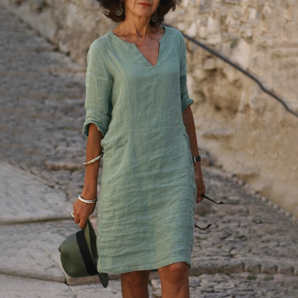 Minimalist White Linen Dress for Women – Elegant V-Neck Resort Wear, Breezy Summer Beach Dress, Sustainable Chic Sundress