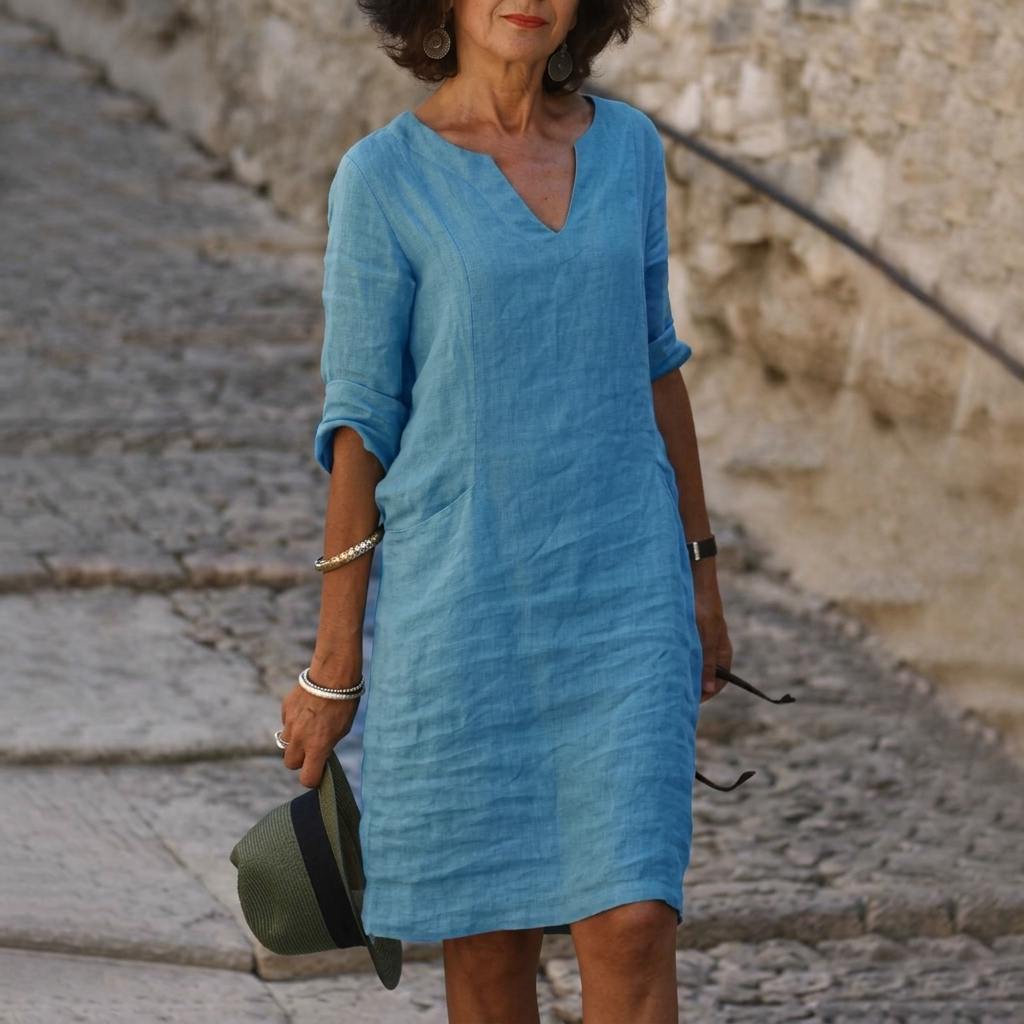 Minimalist White Linen Dress for Women – Elegant V-Neck Resort Wear, Breezy Summer Beach Dress, Sustainable Chic Sundress