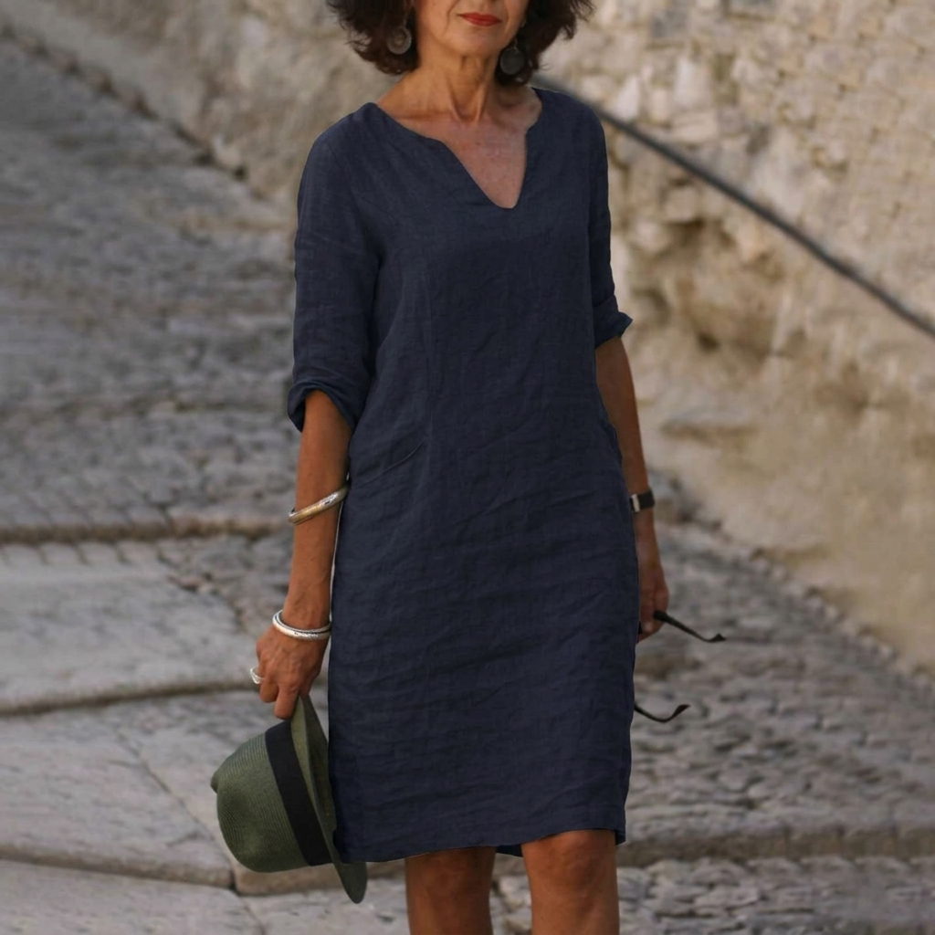 Minimalist White Linen Dress for Women – Elegant V-Neck Resort Wear, Breezy Summer Beach Dress, Sustainable Chic Sundress