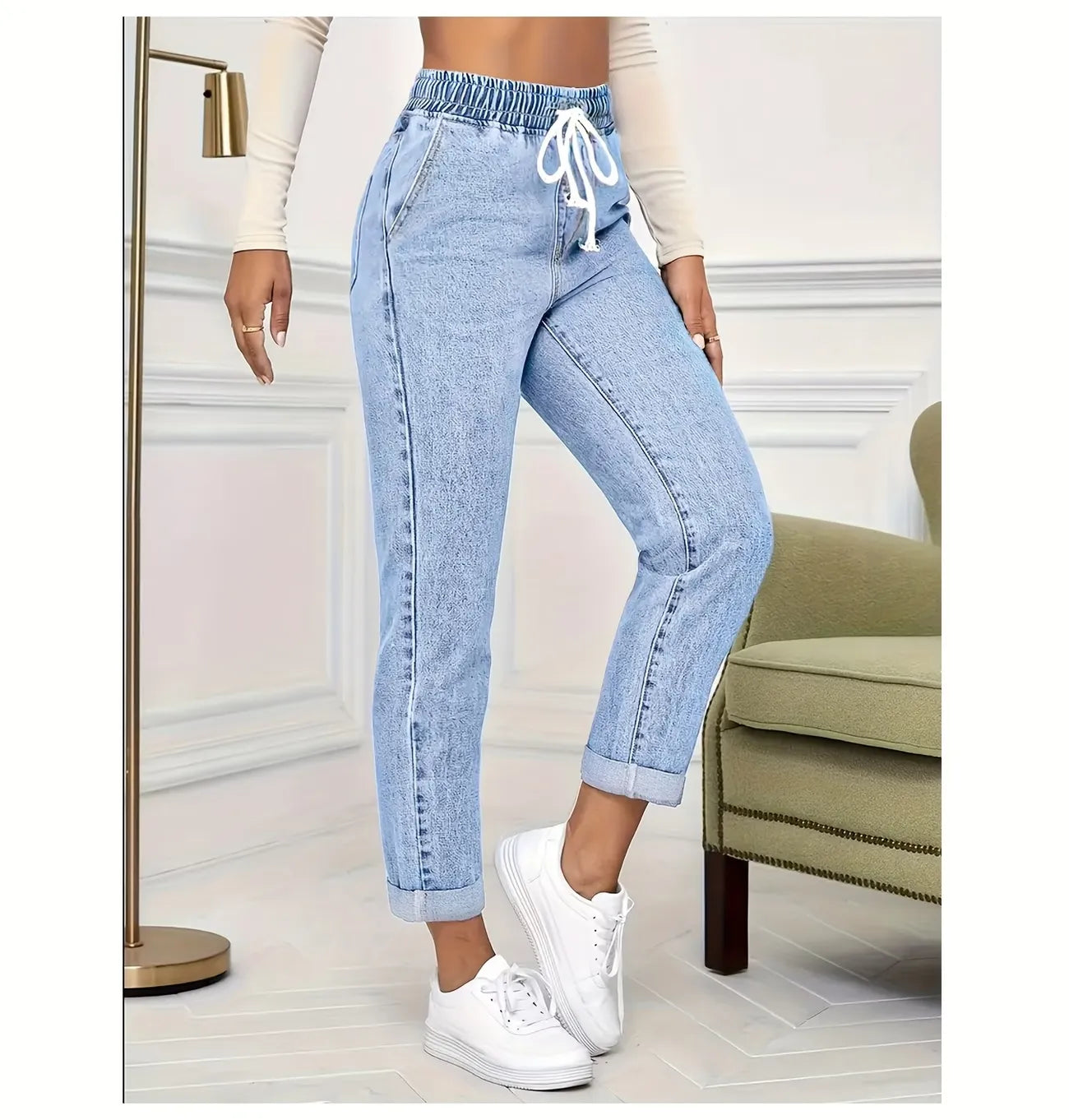 Women's Drawstring Tapered Denim Pants