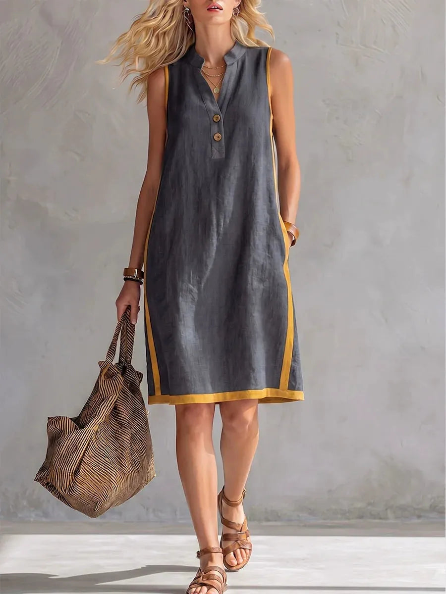 Sleeveless V-Neck Summer Midi Dress | Breathable Bohemian Tunic Dress with Pockets