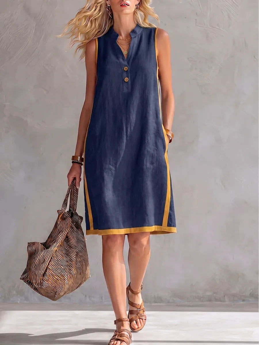 Sleeveless V-Neck Summer Midi Dress | Breathable Bohemian Tunic Dress with Pockets