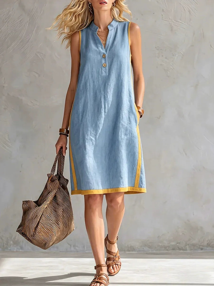 Sleeveless V-Neck Summer Midi Dress | Breathable Bohemian Tunic Dress with Pockets