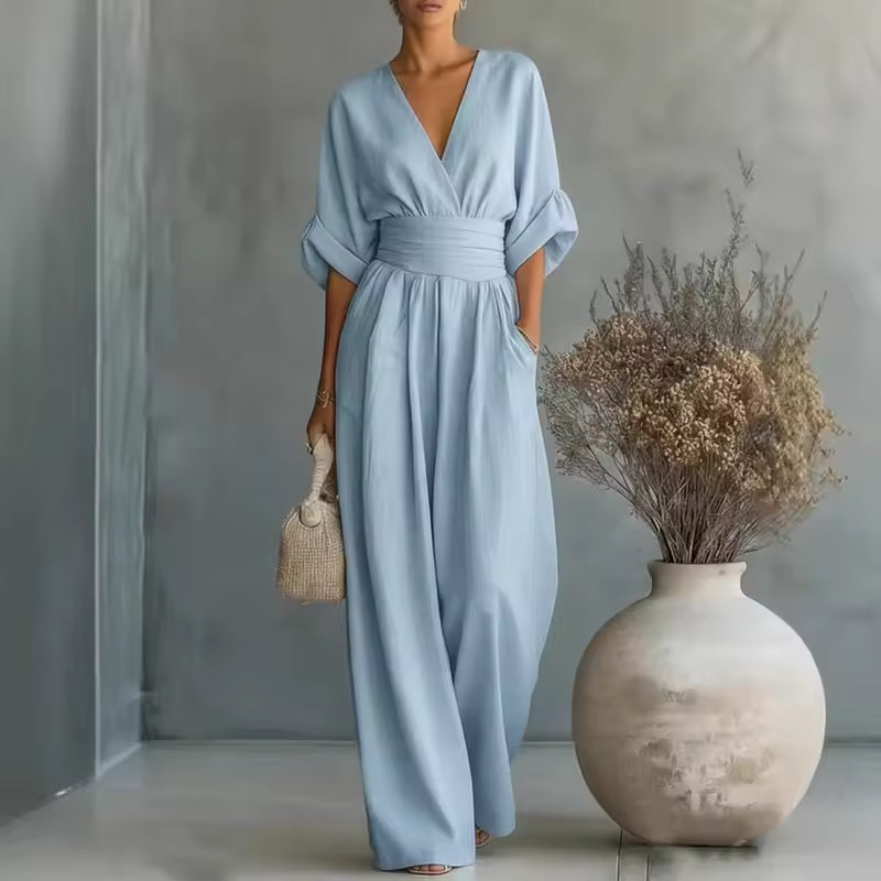 DEEP V-NECK LONG JUMPSUIT WITH 3/4 SLEEVES