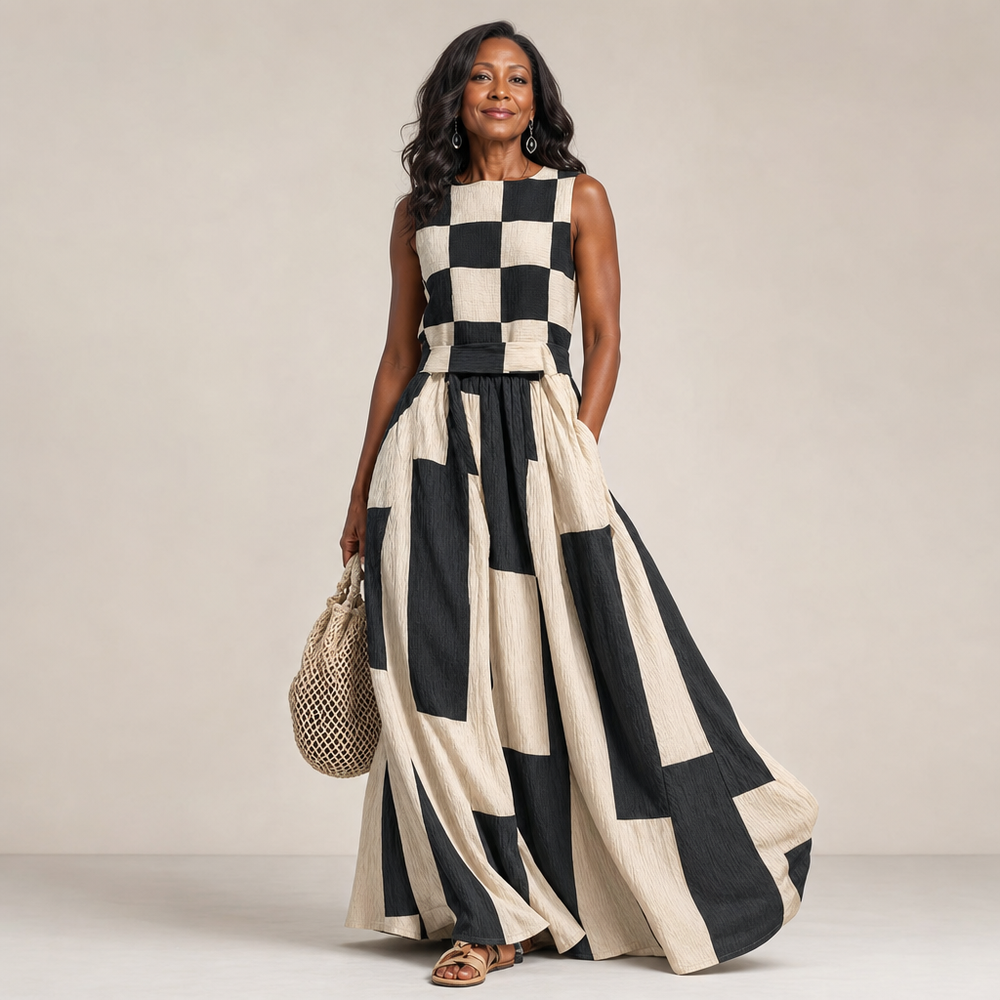 Ayana | Plaid and Stripe Panelled Sleeveless Maxi Dress