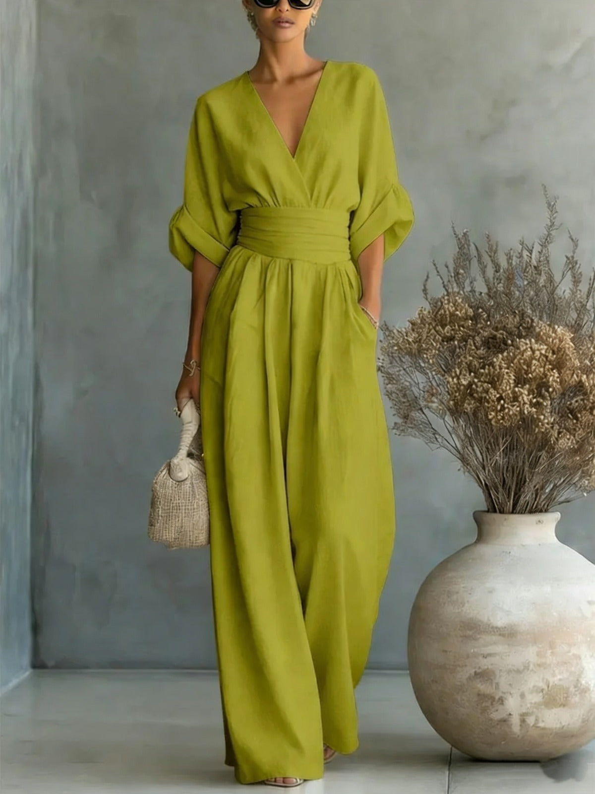 DEEP V-NECK LONG JUMPSUIT WITH 3/4 SLEEVES