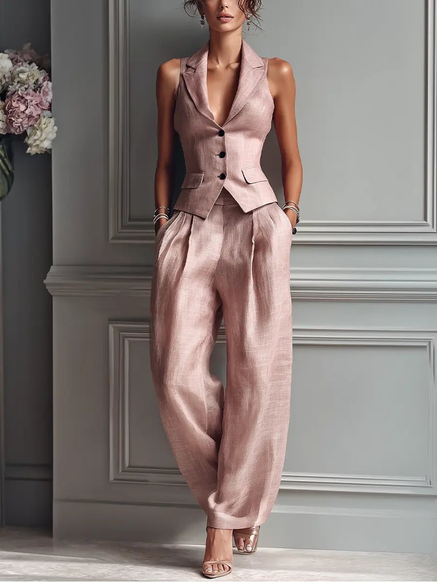 Elegant Linen Vest Wide Leg Pants Set for Women with Sleeveless Lapel Design