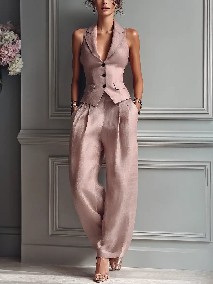 Elegant Linen Vest Wide Leg Pants Set for Women with Sleeveless Lapel Design