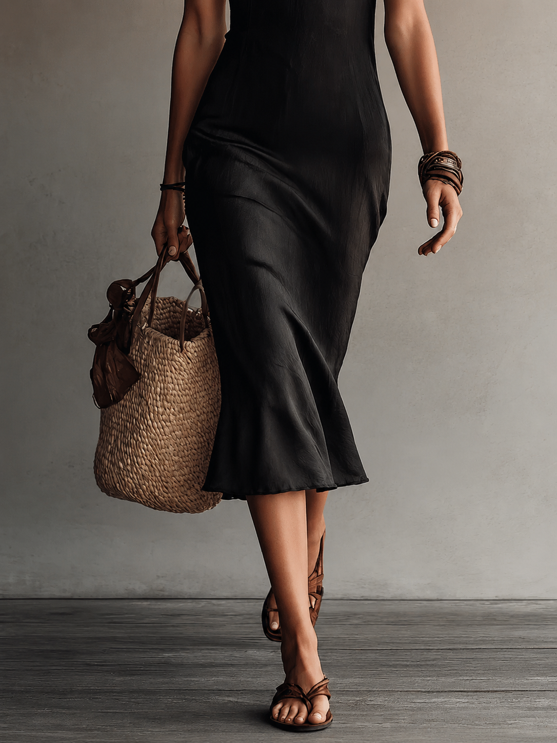 Adriana | Midi black sleeveless dress with V-neck and lace edges