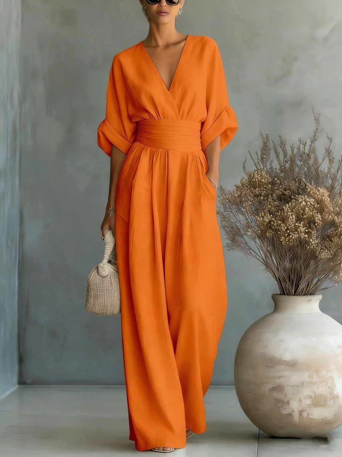 DEEP V-NECK LONG JUMPSUIT WITH 3/4 SLEEVES