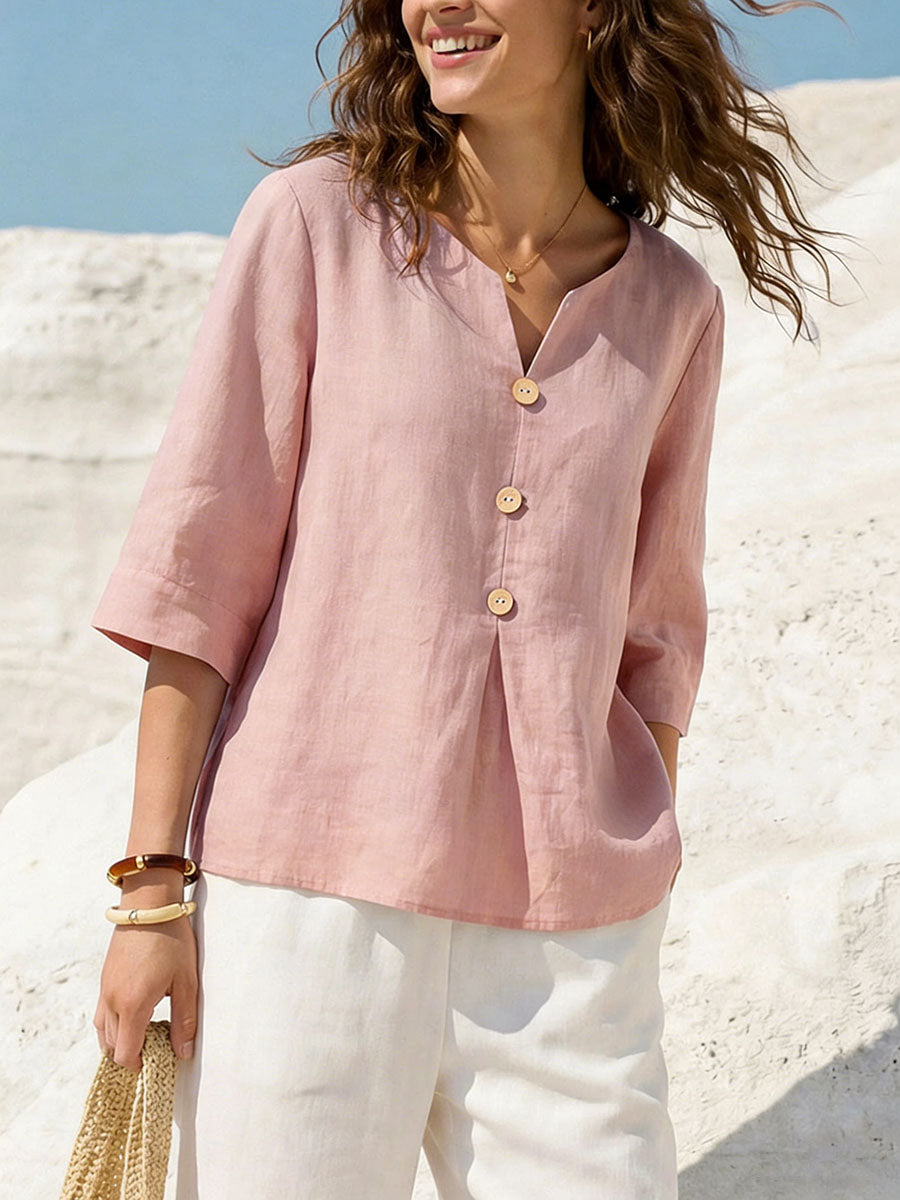 Women's Solid Color V-neck 3/4 Sleeve Casual Loose Cotton Linen Top