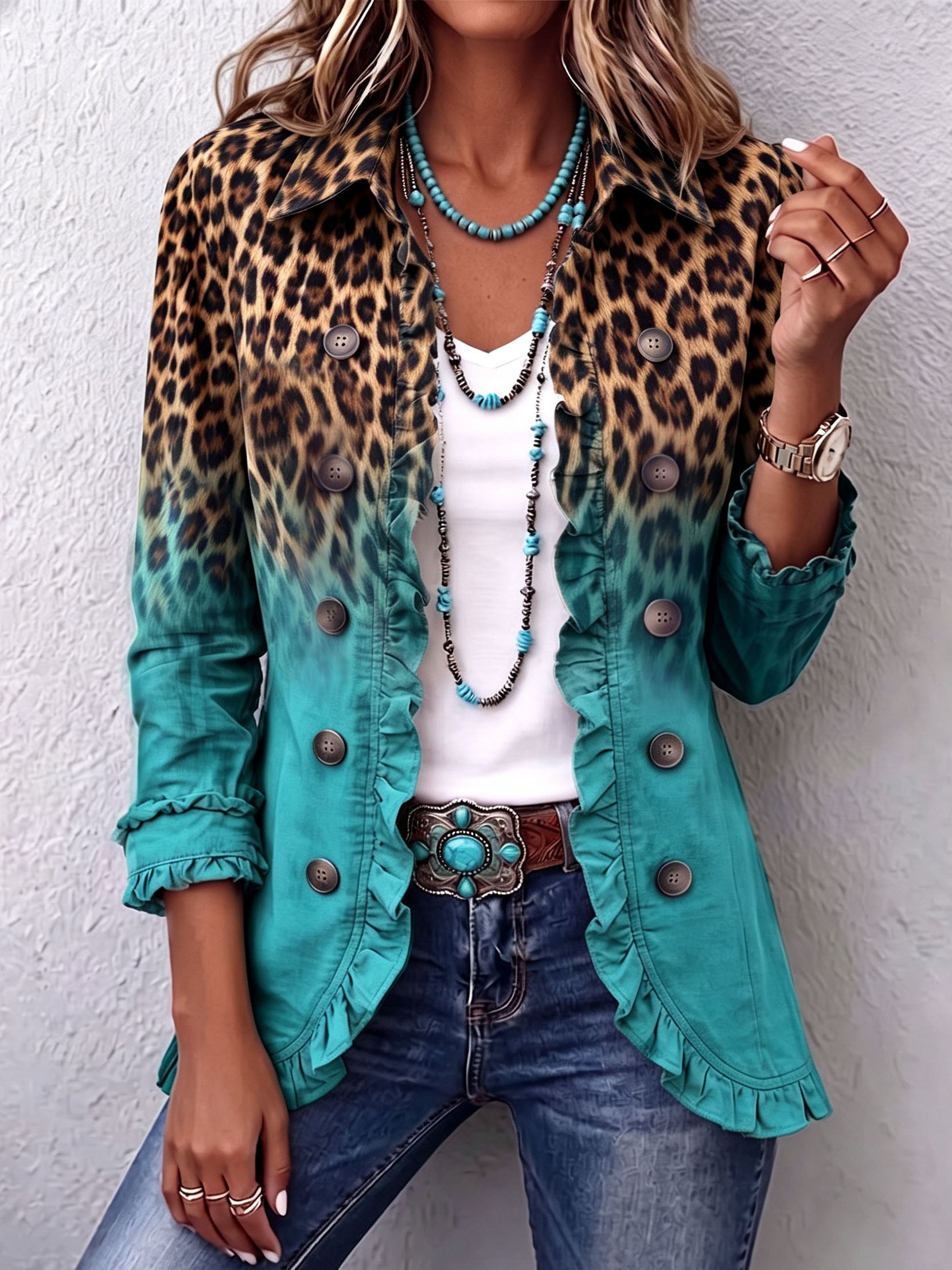 Women’s Leopard Print Ombre Ruffle Blazer
